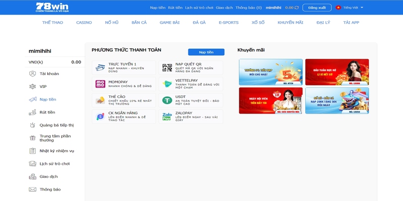 Hình thức thanh toán và rút tiền tại 78Win
